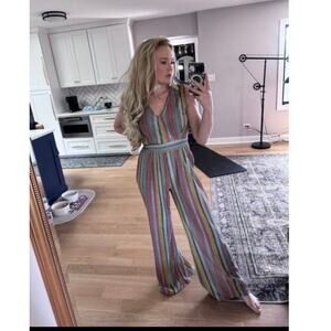 KENDALL + KYLIE Multicolored Sparkle Striped Wide Leg Deep V-neckline Jumpsuit M
